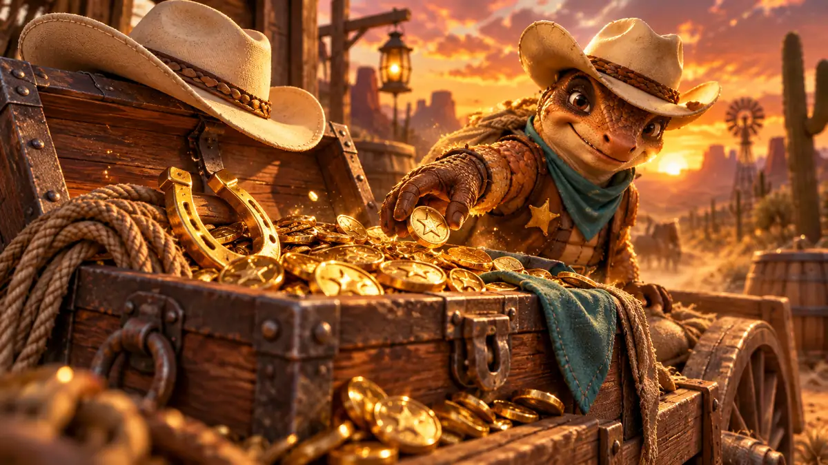 Open treasure chest of gold coins on a frontier wagon