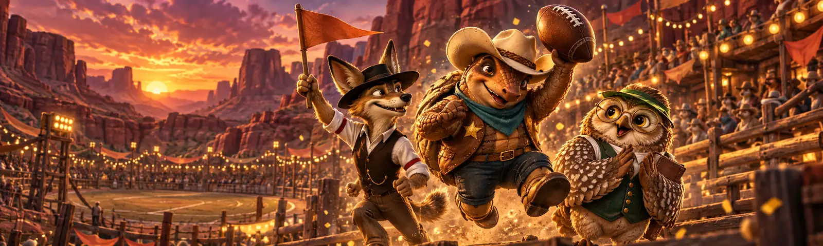 Armadillo, coyote and owl cheering at a canyon football match