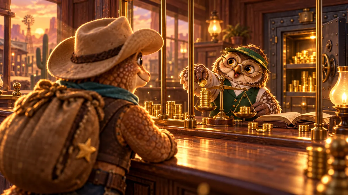 Owl cashier weighing gold coins at a frontier bank counter