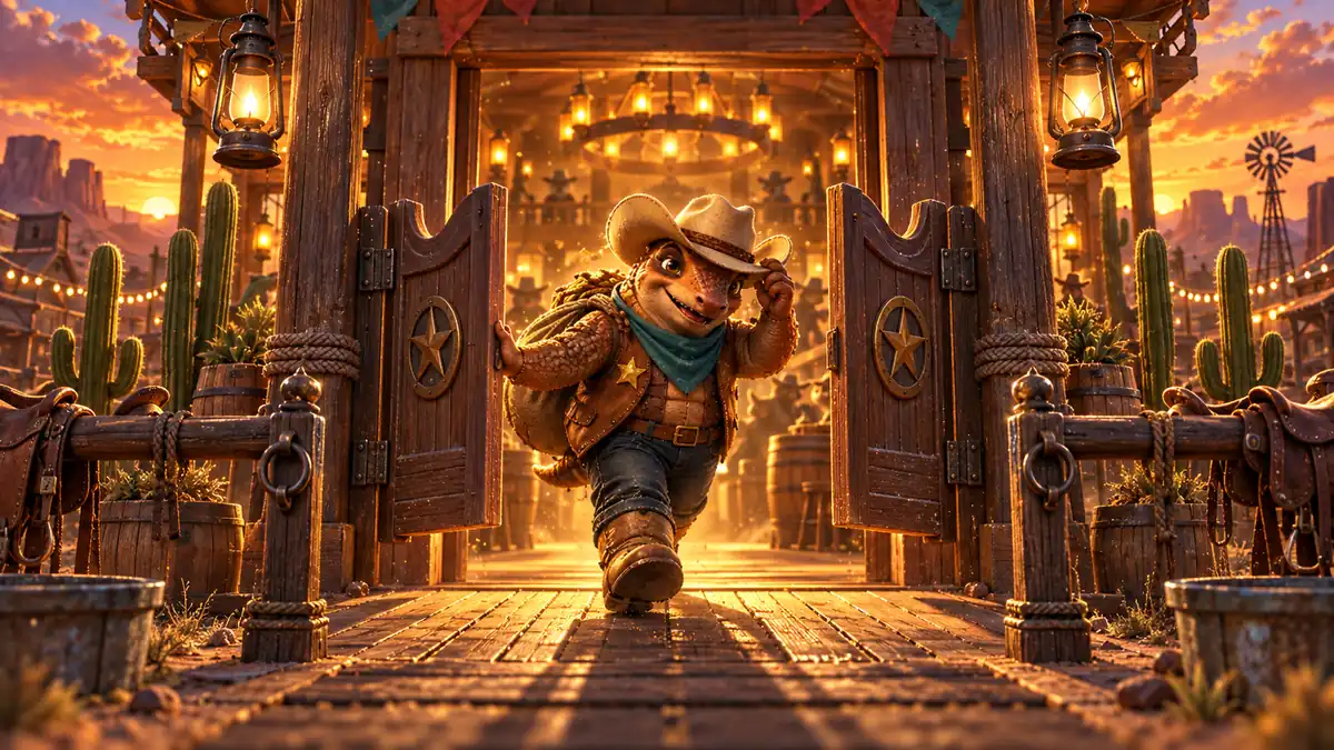 Armadillo cowboy pushing open the swinging doors of a saloon
