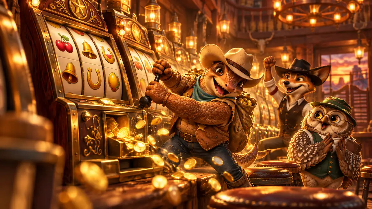 Armadillo cowboy pulling the lever of a vintage slot machine in a saloon