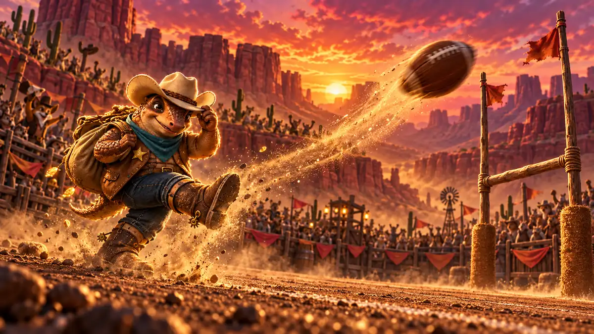 Armadillo cowboy kicking a football across a canyon pitch