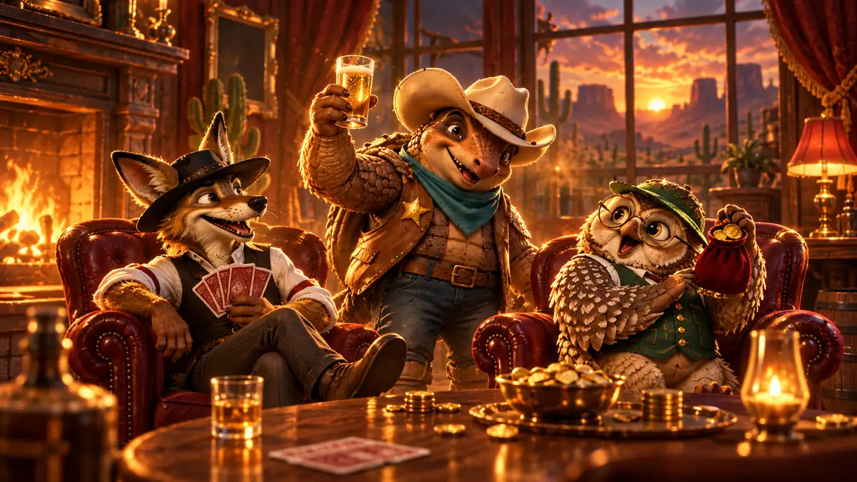 Armadillo, coyote and owl toasting in a private saloon lounge